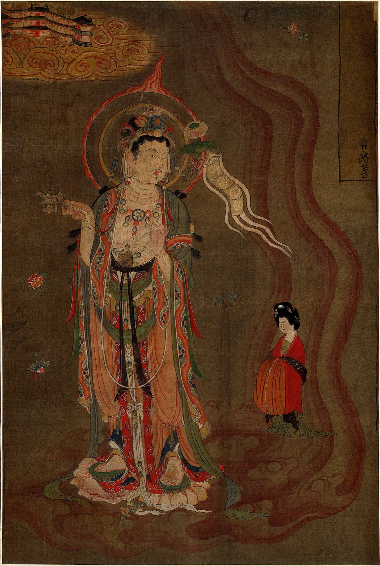 引路菩萨：菩萨手持香炉，踏云前行，头后是一道透明的细圆环，顶上收成一簇火焰；身后跟着一位贵妇