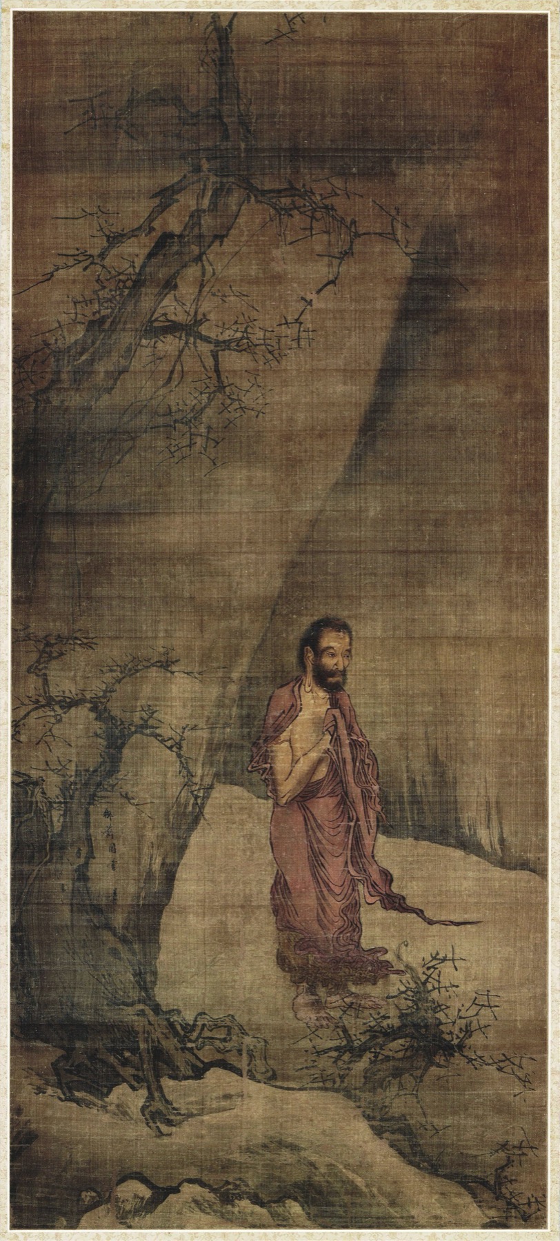 梁楷《出山释迦图》：枯瘦、蓄须的释迦从山中走出，衣衫褴褛，头上没有光环