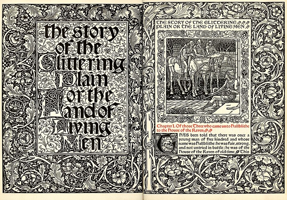 Kelmscott Press，《The Story of the Glittering Plain》1894 年版扉页；不是 1891 年初版